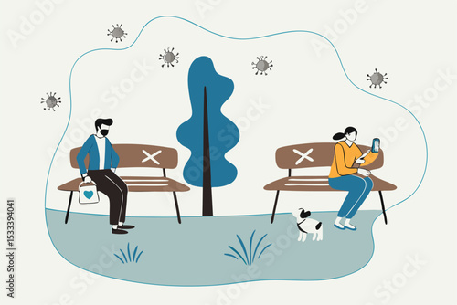 Social distancing Coronavirus COVID-19 pandemic, new normal people wearing protective mask keep distance away in public concept, people sitting keep distance away in public park with sign on chairs.