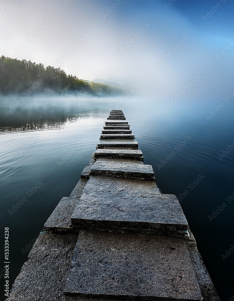 Obraz premium stone stairs above a foggy lake, surreal 