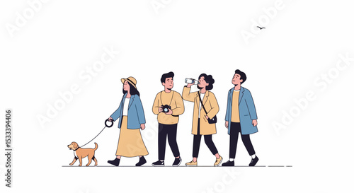 Group Outing with Dog and Cameras - Flat Vector Illustration