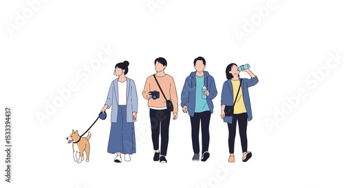 Animated Friends Walking with Dog Vector Illustration