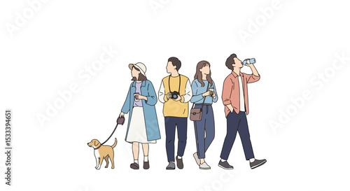 Friends and Dog on a Casual Outing - Vector Illustration