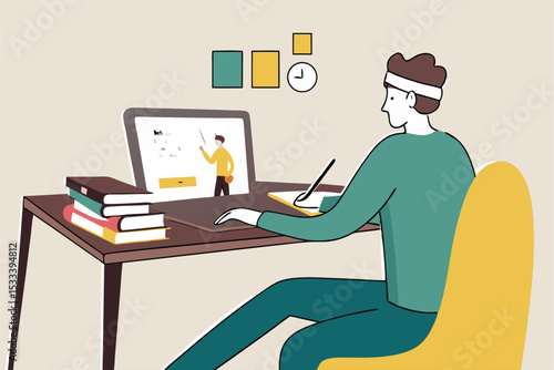 Online study, home schooling or e-learning while at home in social distancing Coronavirus COVID-19 outbreak concept, young man studying at home with online computer laptop and stack of books.