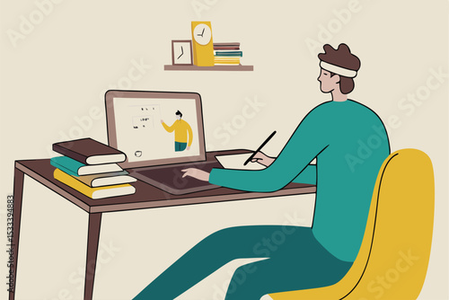 Online study, home schooling or e-learning while at home in social distancing Coronavirus COVID-19 outbreak concept, young man studying at home with online computer laptop and stack of books.