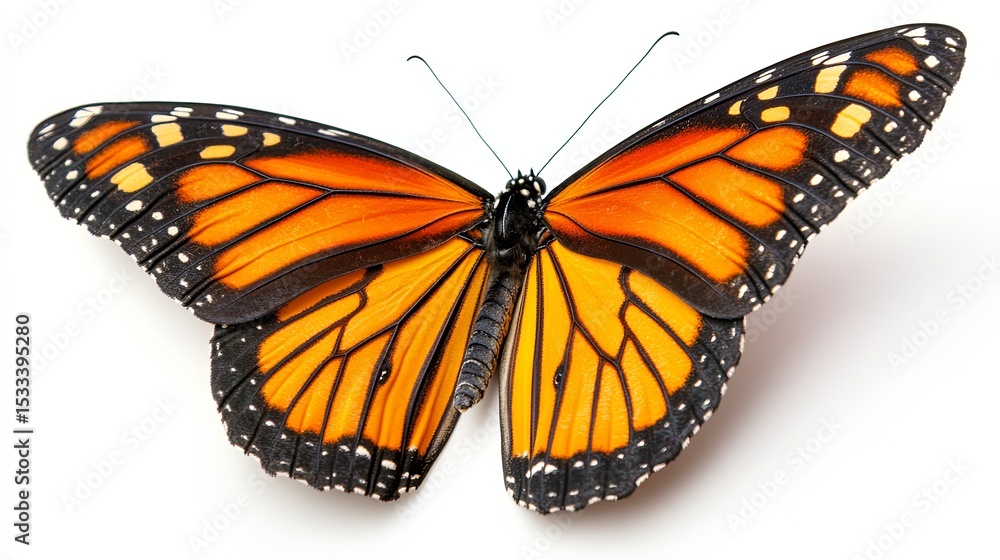 Naklejka premium Vibrant Monarch Butterfly on White Background with Open Wings