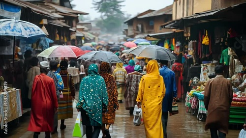 Crowd of people with umbrellas in bustling outdoor marketplace in Africa.