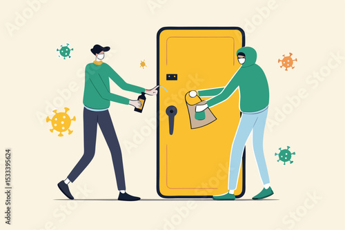 Cleaning or disinfect door handle to prevent Coronavirus COVID-19 outbreak concept, cleaning service workers spray disinfectant alcohol or sanitiser and using cloth to clean Coronavirus pathogens.