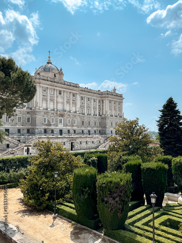 Madrid, Spain - June 2, 2025: Views of the Royal Palace gardens from above in Madrid Spain

