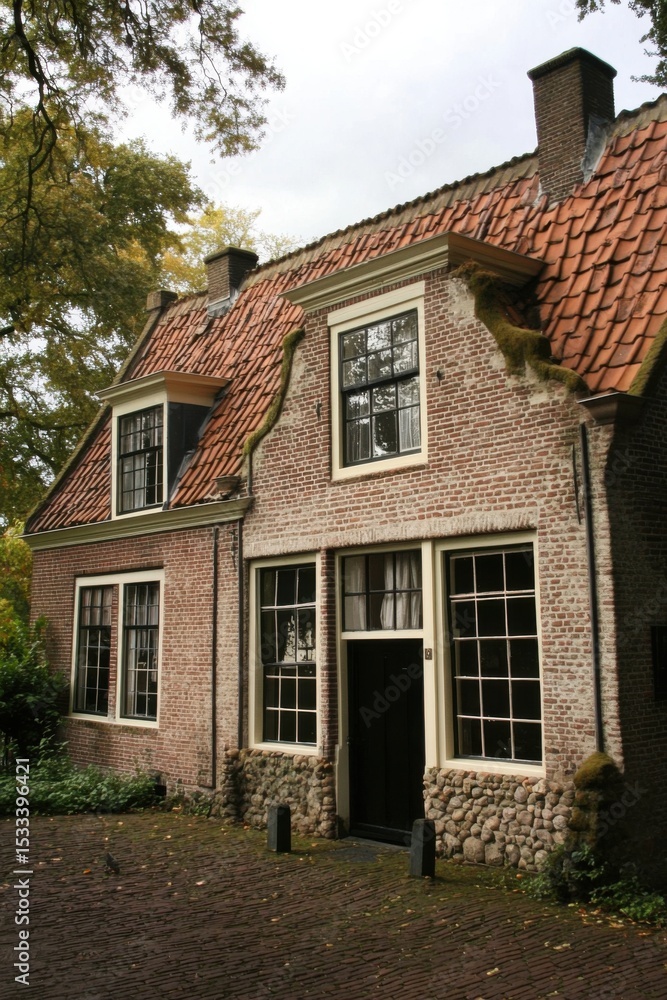 Historic brick building with a traditional gabled roof surrounded by lush greenery in a quiet neighborhood during autumn