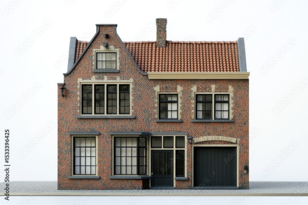 Fototapeta premium Detailed miniature model of a traditional brick house showcasing intricate architectural features and a charming modern garage on an urban street