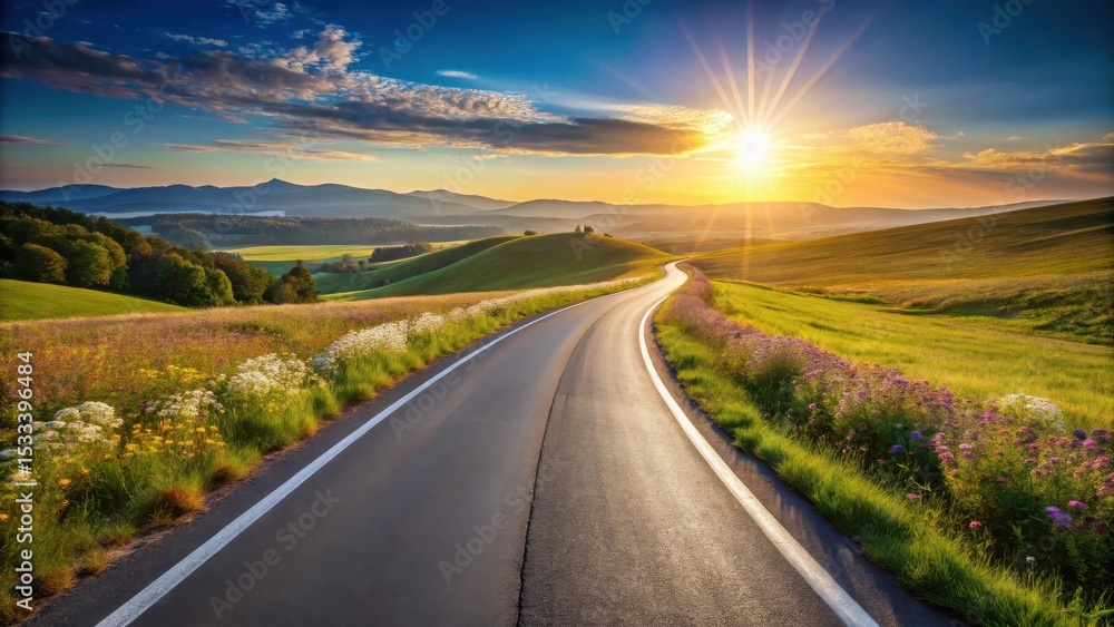 Naklejka premium Scenic asphalt road curving through vibrant green hills and wildflowers at sunset