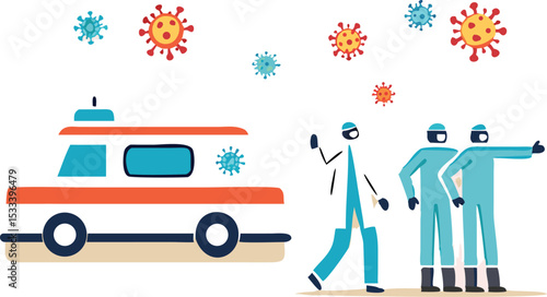 Emergency ambulance in Coronavirus COVID-19 outbreak crisis concept, doctor, medical staffs in full protective gear standing with ambulance ready to rescue and transfer Coronavirus COVID-19 patients.