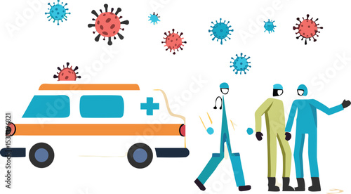 Emergency ambulance in Coronavirus COVID-19 outbreak crisis concept, doctor, medical staffs in full protective gear standing with ambulance ready to rescue and transfer Coronavirus COVID-19 patients.