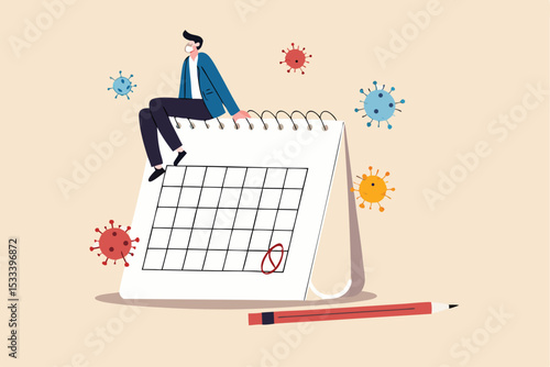 Coronavirus COVID-19 quarantine schedule calendar, plan for reopen business after COVID-19 lockdown concept, businessman business owner sitting on desktop calendar thinking about plan after lockdown.