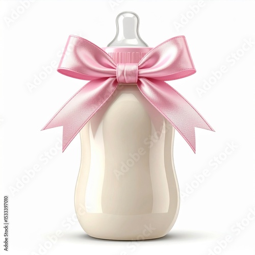 Cream Colored Baby Bottle with Pink Ribbon Bow