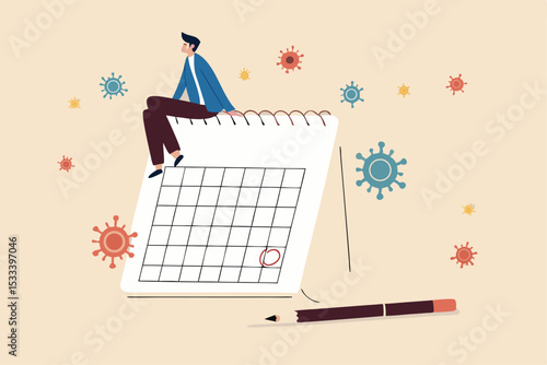 Coronavirus COVID-19 quarantine schedule calendar, plan for reopen business after COVID-19 lockdown concept, businessman business owner sitting on desktop calendar thinking about plan after lockdown.