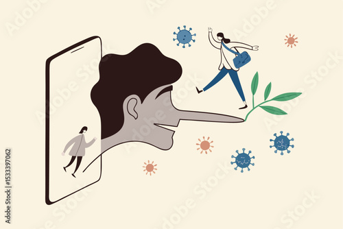 Fake news or misleading information of Coronavirus COVID-19 that people share on social media and internet, man panic running away on long nose liar talking people from social media app mobile phone.
