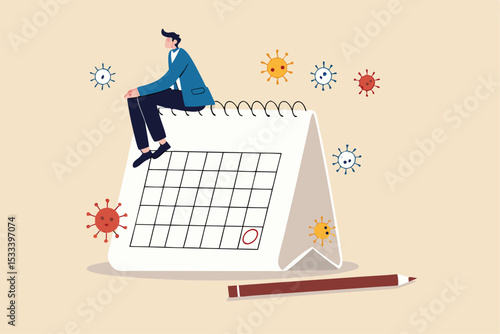 Coronavirus COVID-19 quarantine schedule calendar, plan for reopen business after COVID-19 lockdown concept, businessman business owner sitting on desktop calendar thinking about plan after lockdown.