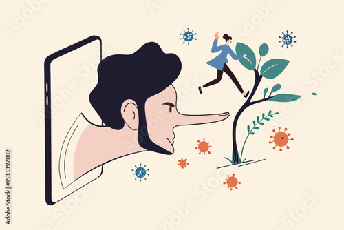 Fake news or misleading information of Coronavirus COVID-19 that people share on social media and internet, man panic running away on long nose liar talking people from social media app mobile phone.