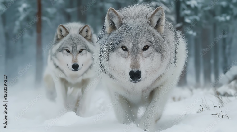 Fototapeta premium Wolves in Snowy Winter Forest - Majestic Canine Trackers in Natural Arctic Habitat
