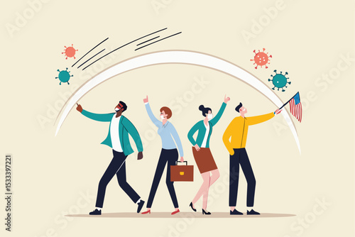 Herd immunity, immunized people who cured from Coronavirus COVID-19 viral disease concept, people wearing face mask together with shield or guard effect to protect from infection Coronavirus pathogen.