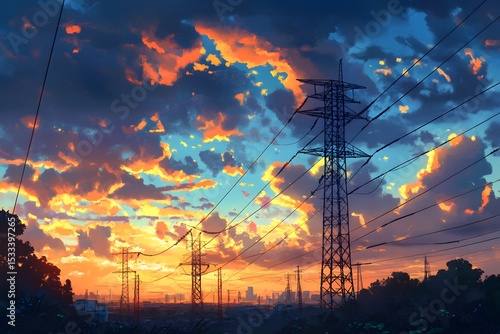 Stunning sunset sky illuminates the power lines and towers as city outlines are seen in the distance.