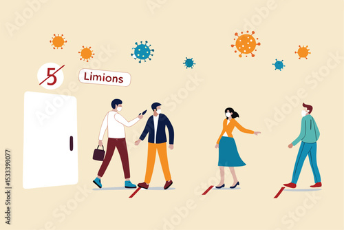 New normal social distancing lifestyle in COVID-19 Coronavirus era, people wearing face mask wait in line keep distance away and checking body temperature before entering store and limit people inside