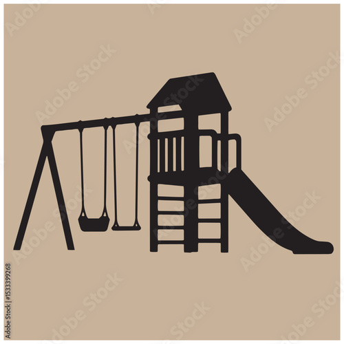 Black silhouette illustration of a children's playground equipment with swings and slide