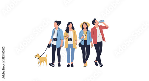 Group of Friends Traveling with Dog, Vector Illustration