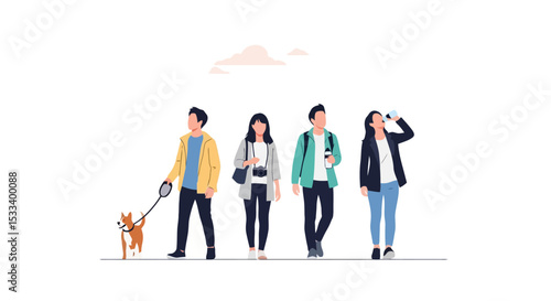 Diverse People Walking with Dog and Drinks Flat Vector Illustration