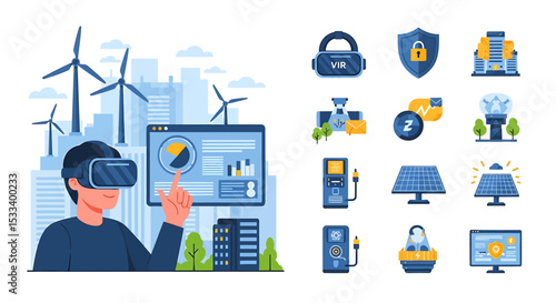 Set of Vector Icons Virtual Reality Interface for Smart City Energy Management. Vector Illustrations