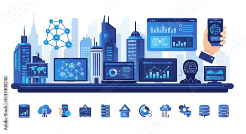 Set of Vector Icons Blue data visualization cityscape with network connections and human brain silhouette. Vector Illustrations
