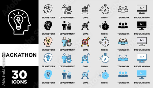 HACKATHON  icon set with various styles and colors of brainstorm, development, programming, timing, speed, teamwork, and goal