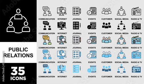 PUBLIC RELATIONS  icon set with various styles and colors of communication, internet, journal, events, radio, tv, social media, and customer