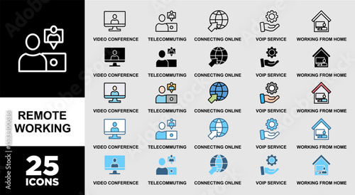 REMOTE WORKING  icon set with various styles and  of video conference, telecommuting, connecting online, voip, and working from homecolors