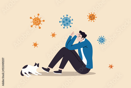 Coronavirus pandemic fatigue, exhausted from being alone or stressed from COVID-19 quarantine lockdown for long time concept, fatigue depressed man sitting sadly alone with cat in his quarantine home.