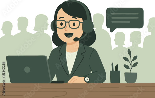 Animated call center professional helping many customers