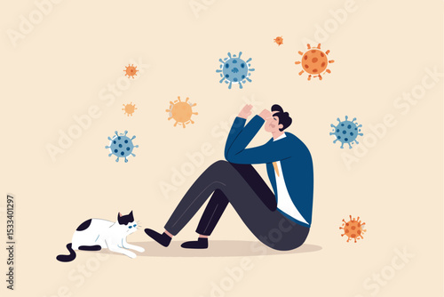 Coronavirus pandemic fatigue, exhausted from being alone or stressed from COVID-19 quarantine lockdown for long time concept, fatigue depressed man sitting sadly alone with cat in his quarantine home.