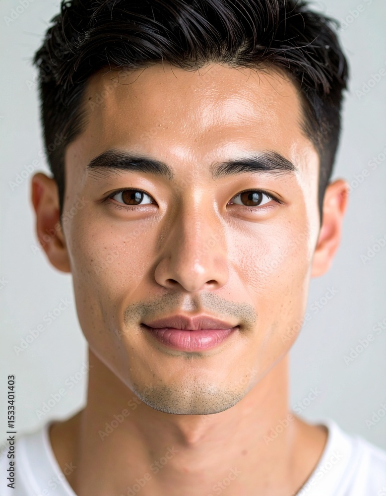 Obraz premium 日本人, 超リアル, 美しい, 若い男性, 顔, クローズアップ, 欠点のない肌, 輝く肌質, ナチュラルメイク, 柔らかなライティング, 美容CM風, シネマティック, カメラ目線, 高解像度,Japanese, ultra-realistic, beautiful, young man, face, close-up, flawless skin, glowing complexion
