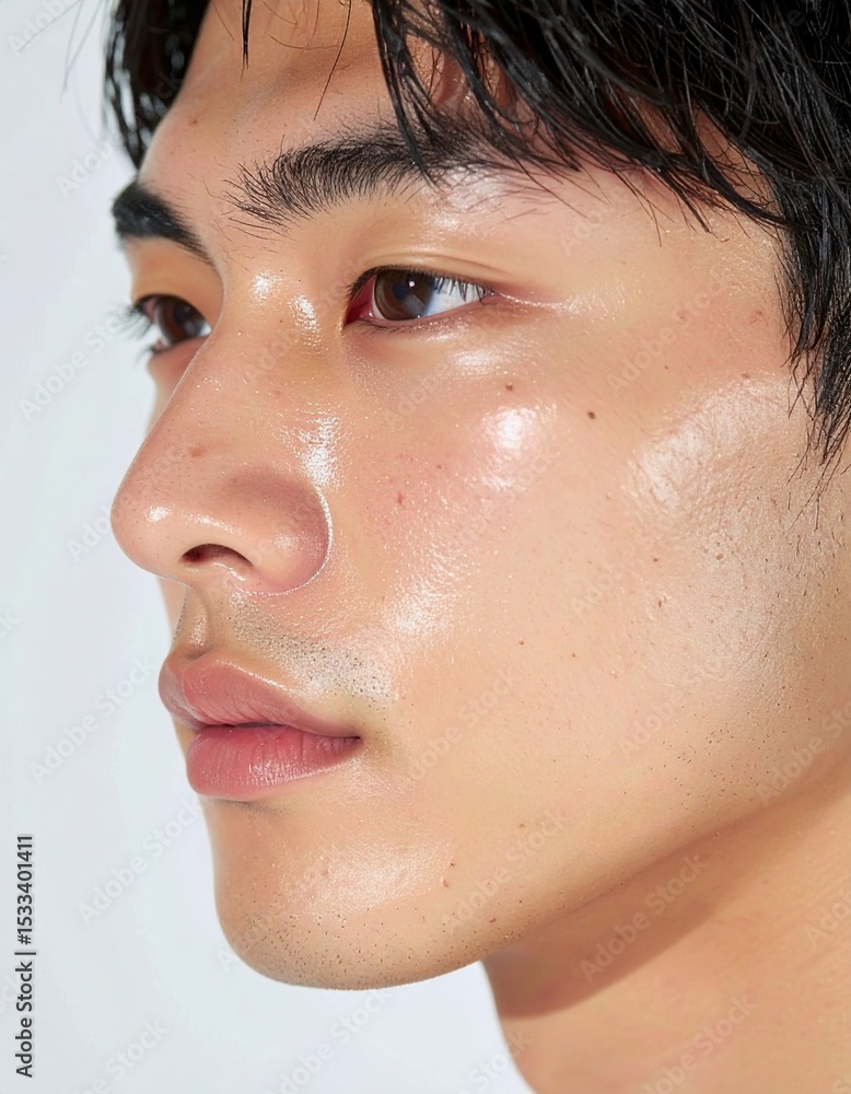 Fototapeta premium 日本人, 超リアル, 美しい, 若い男性, 顔, クローズアップ, 欠点のない肌, 輝く肌質, ナチュラルメイク, 柔らかなライティング, 美容CM風, シネマティック, カメラ目線, 高解像度,Japanese, ultra-realistic, beautiful, young man, face, close-up, flawless skin, glowing complexion