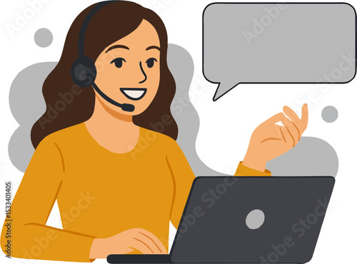 Animated woman using headset at computer