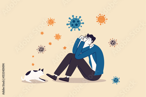 Coronavirus pandemic fatigue, exhausted from being alone or stressed from COVID-19 quarantine lockdown for long time concept, fatigue depressed man sitting sadly alone with cat in his quarantine home.
