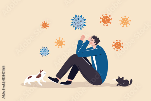 Coronavirus pandemic fatigue, exhausted from being alone or stressed from COVID-19 quarantine lockdown for long time concept, fatigue depressed man sitting sadly alone with cat in his quarantine home.