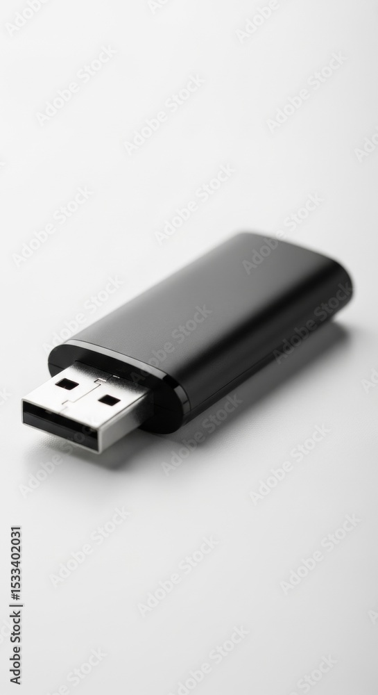 Sleek Black USB Drive on White Background, Minimalist Tech Still Life Sleek Black USB Drive on White Background, Minimalist Tech Still Life