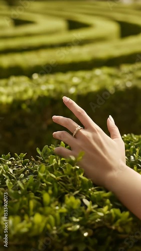 Hand Touching Greenery in Garden Setting Slow Motion