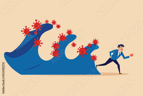 Coronavirus crisis destruction waves, second and third waves will be worse and disaster critical concept, fear and panic businessman run away from waves of COVID-19 coronavirus pathogen impact.
