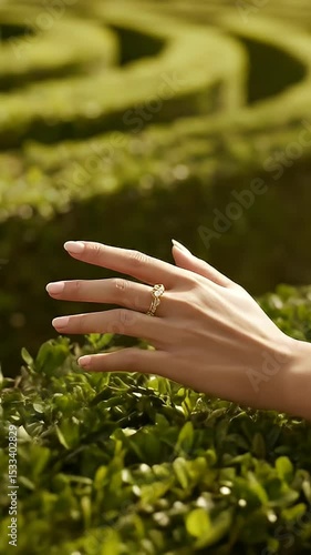 Woman's Hand Gently Touching Green Hedge in Garden