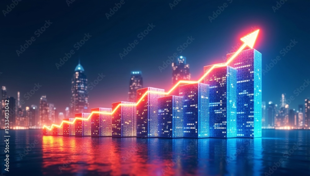 Naklejka premium Stock market graph with arrows pointing upwards overlay on skycrapers symbolizing increasing income or investment returns. 