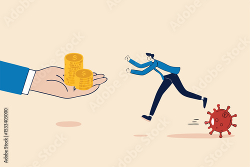 Business help, government economic stimulus package in COVID-19 Coronavirus financial crisis concept, businessman with protective mask chain with virus pathogen running to get money from helping hand.