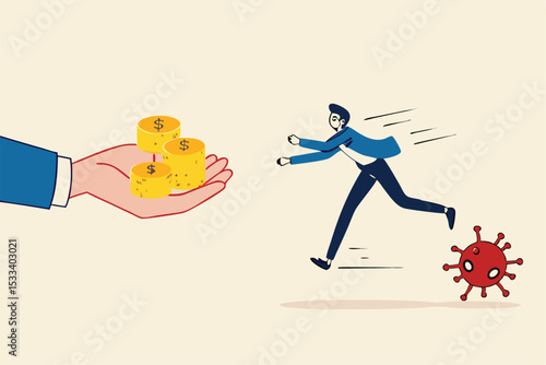 Business help, government economic stimulus package in COVID-19 Coronavirus financial crisis concept, businessman with protective mask chain with virus pathogen running to get money from helping hand.