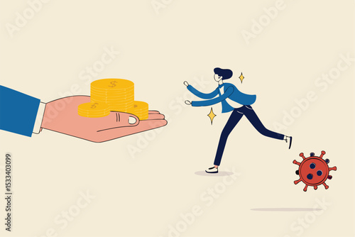 Business help, government economic stimulus package in COVID-19 Coronavirus financial crisis concept, businessman with protective mask chain with virus pathogen running to get money from helping hand.